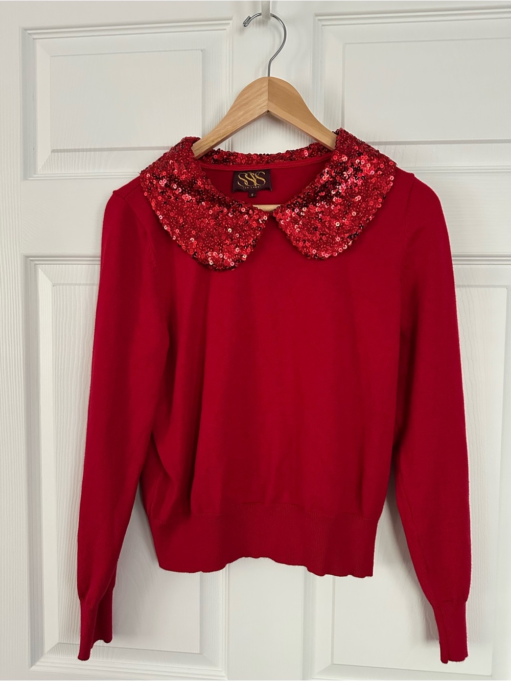 Sequin Peter Pan Collar Crewneck Sweater in Red by SSYS
